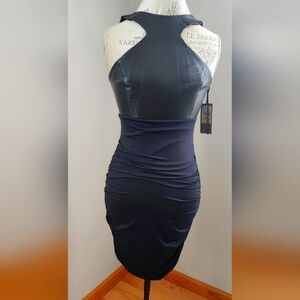 LA PINA by DAVID HELVANI mini bodycon dress, full zipper, leather top in size M